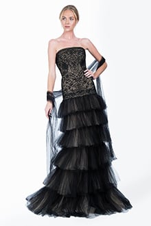 Tulle and Embroidered Lace Strapless Tiered Gown in Black / Nude