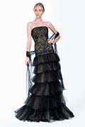 Tulle and Embroidered Lace Strapless Tiered Gown in Black / Nude
