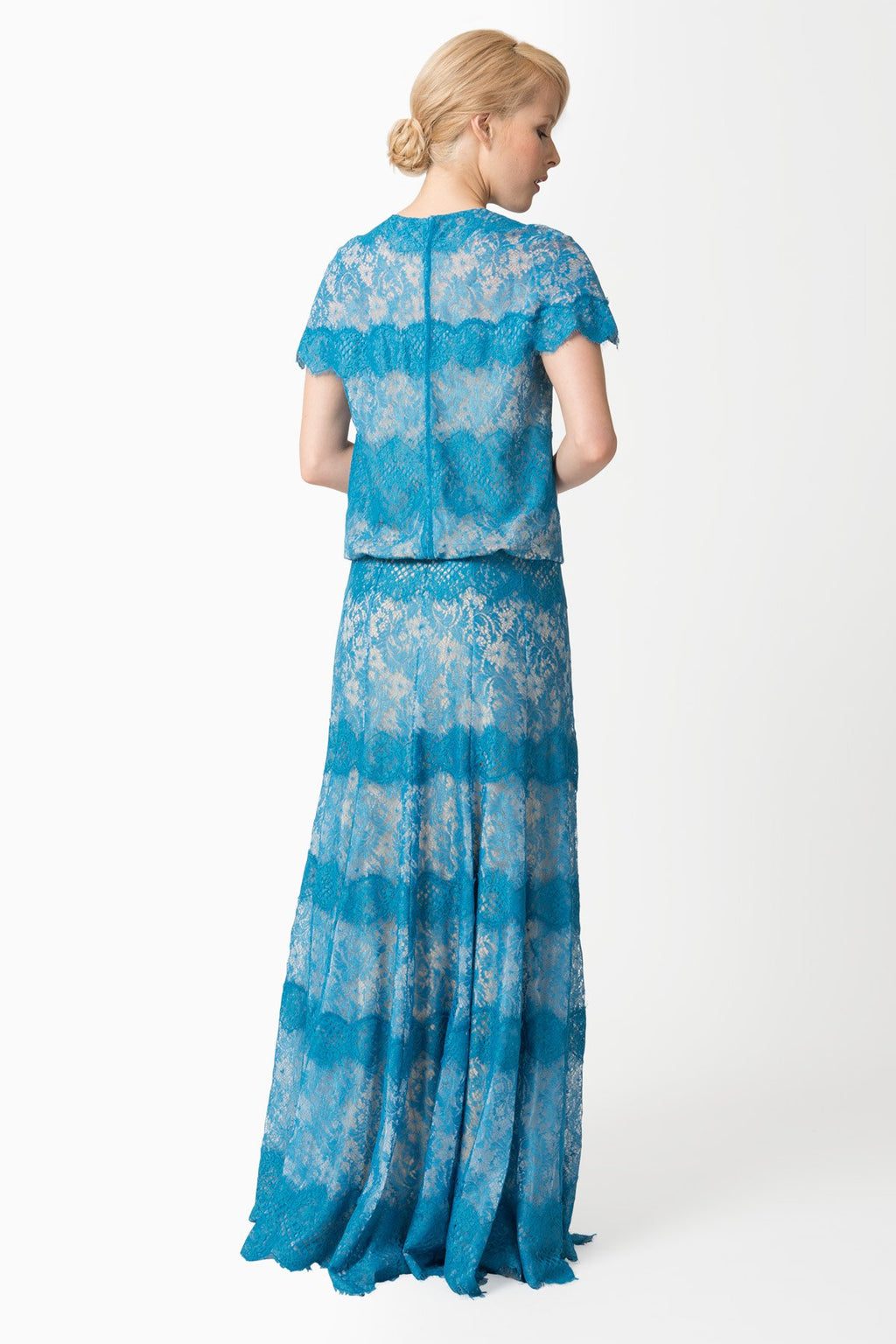 Chantilly Lace Blouson Gown in Ocean Mist