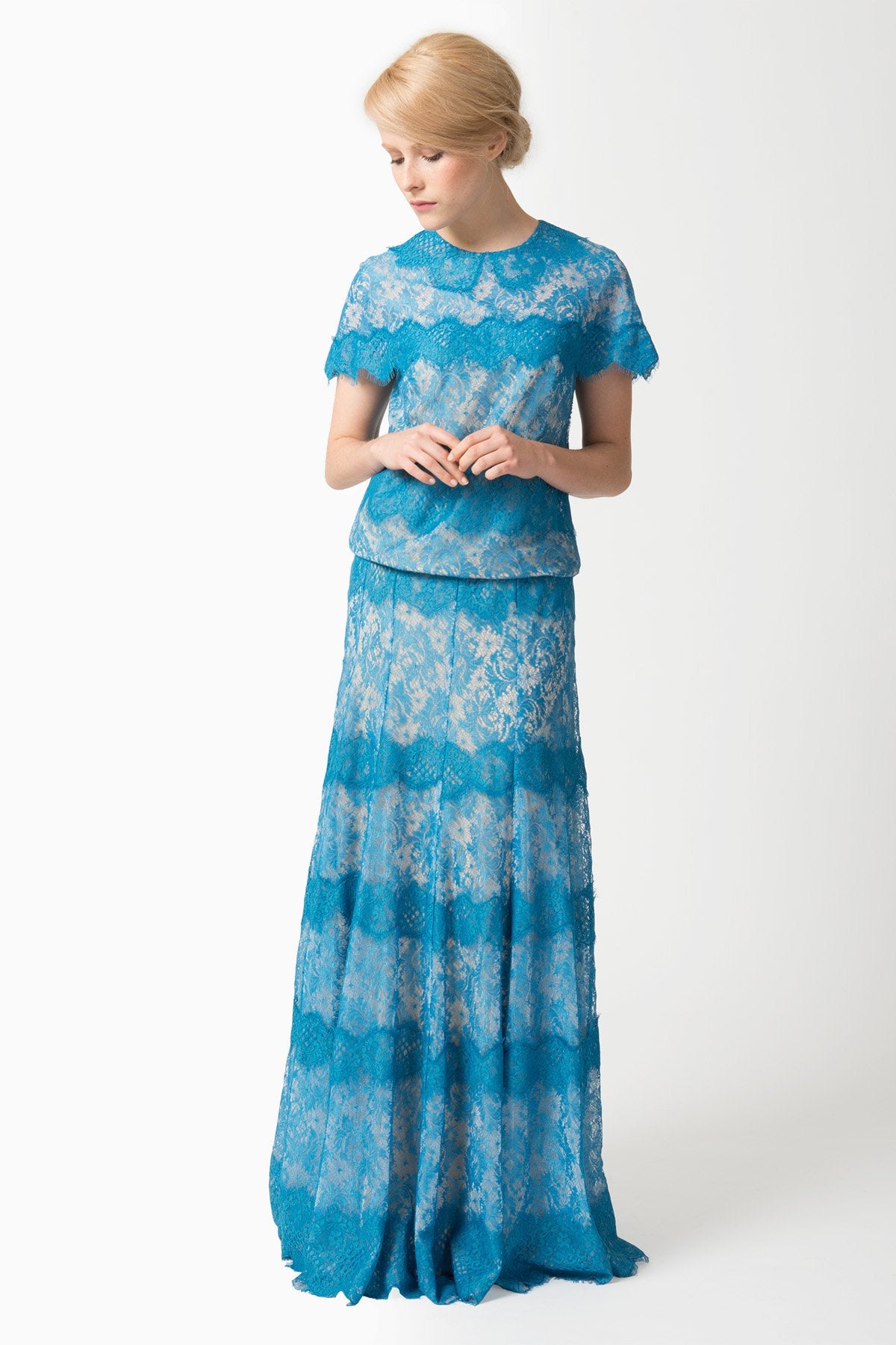 Chantilly Lace Blouson Gown in Ocean Mist