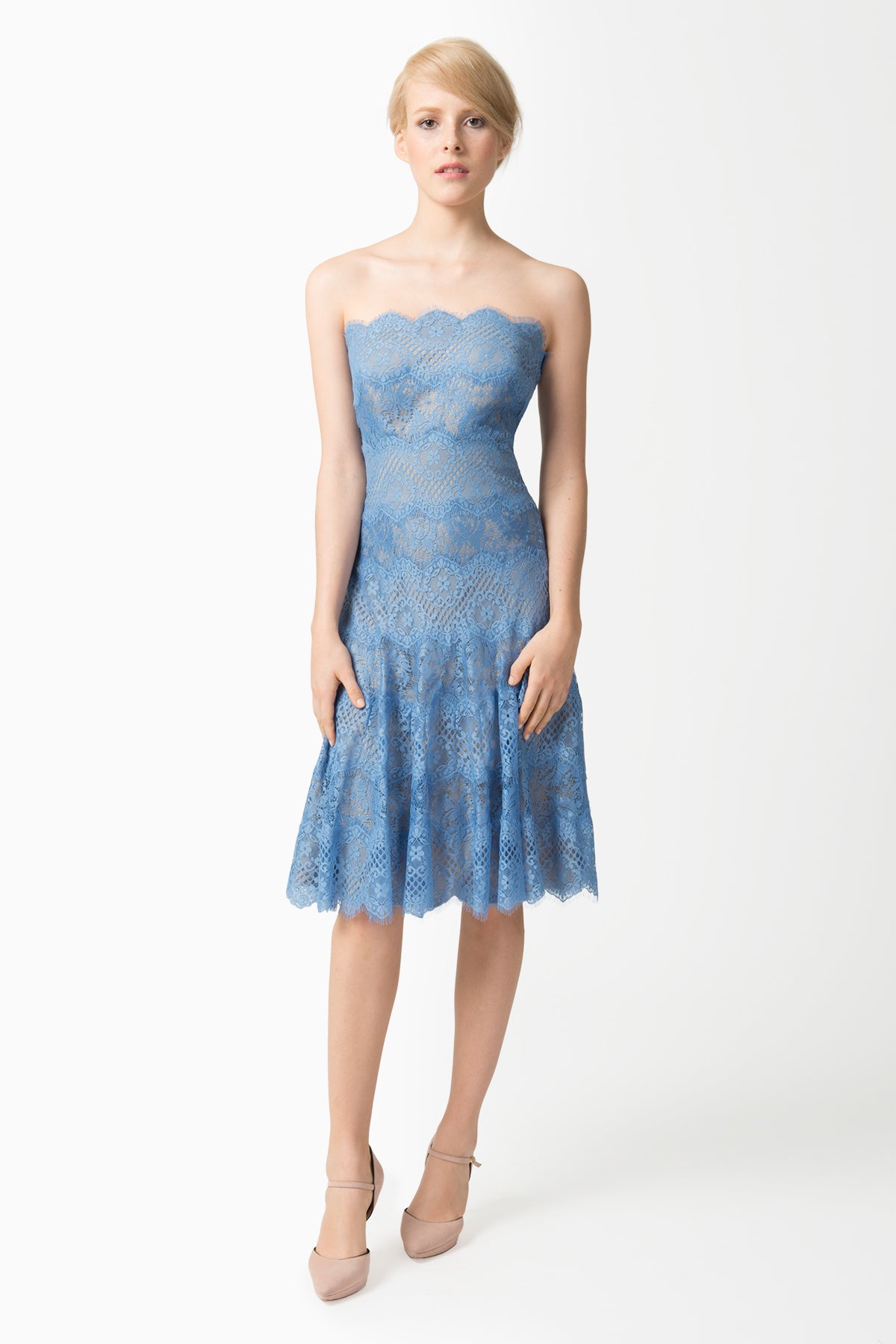 Chantilly Lace Strapless A-Line Dress in Blue Stone