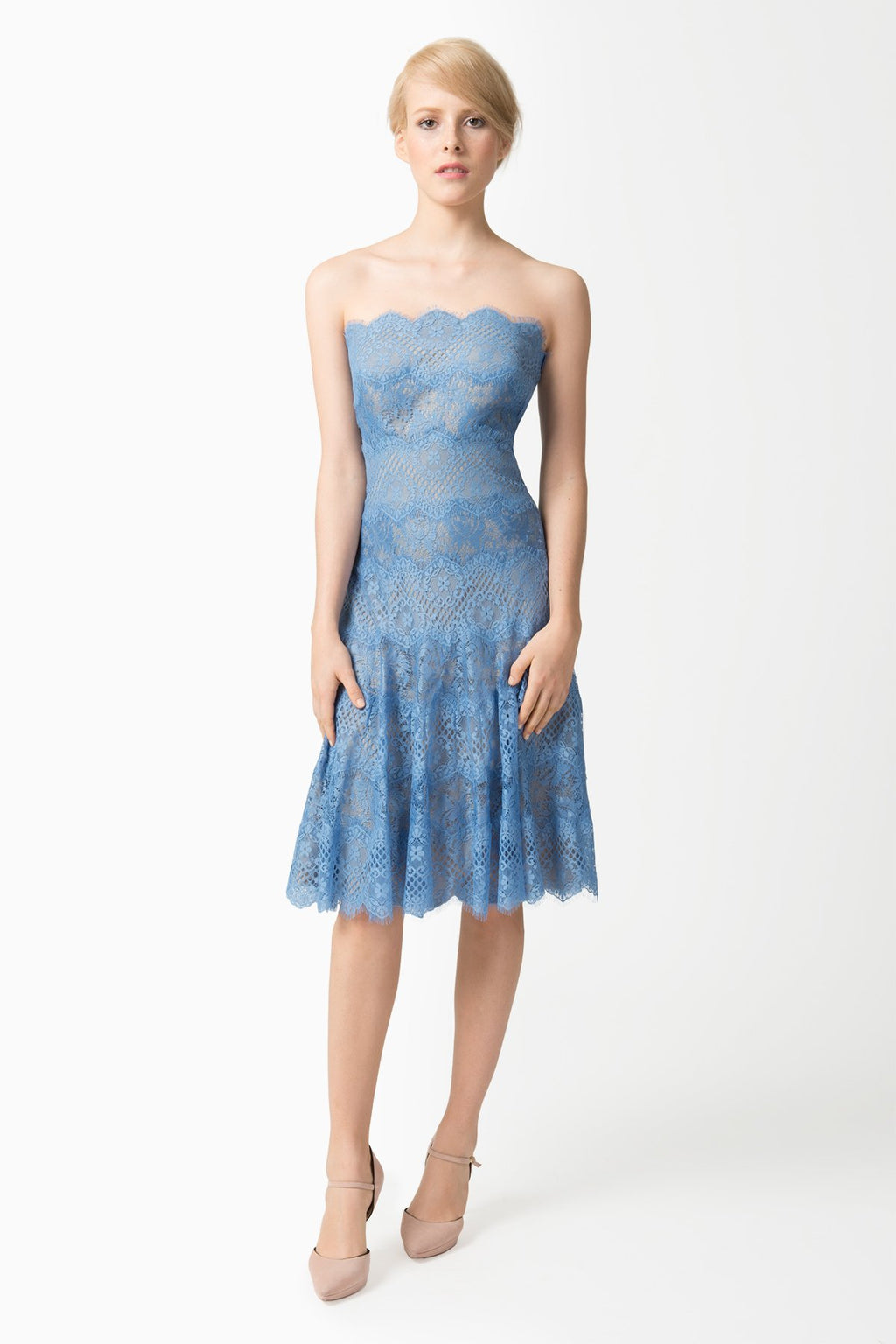 Chantilly Lace Strapless A-Line Dress in Blue Stone