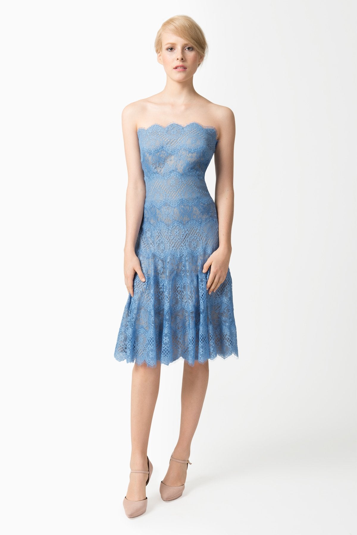 Chantilly Lace Strapless A-Line Dress in Blue Stone