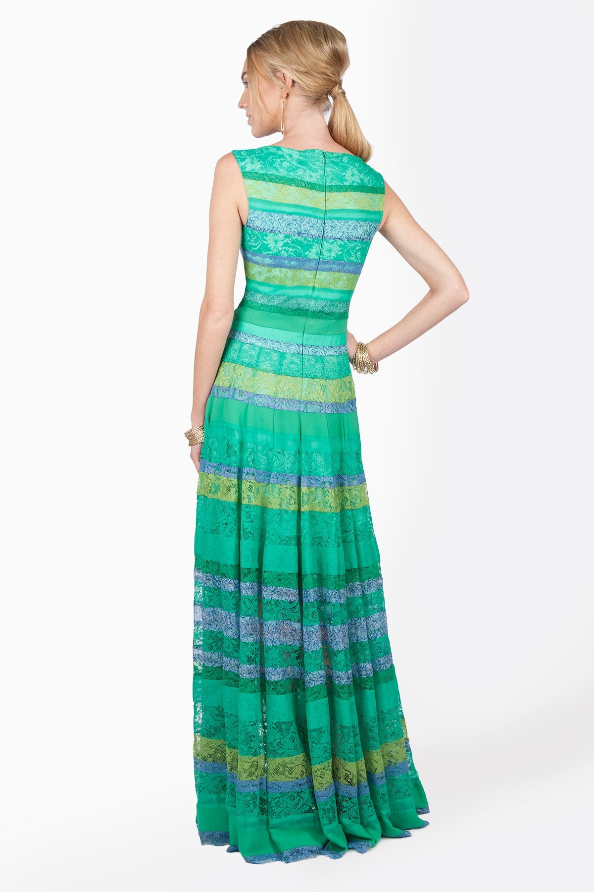Chiffon and Lace Piecework Gown in Cool Jade