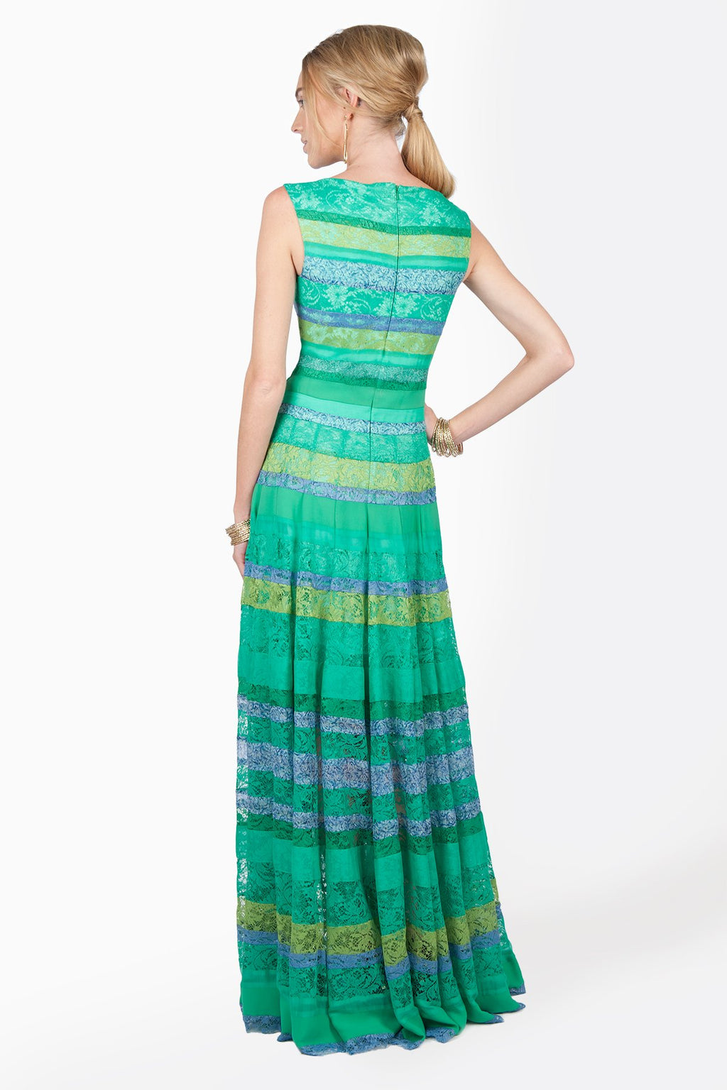 Chiffon and Lace Piecework Gown in Cool Jade