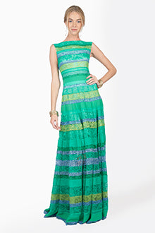 Chiffon and Lace Piecework Gown in Cool Jade