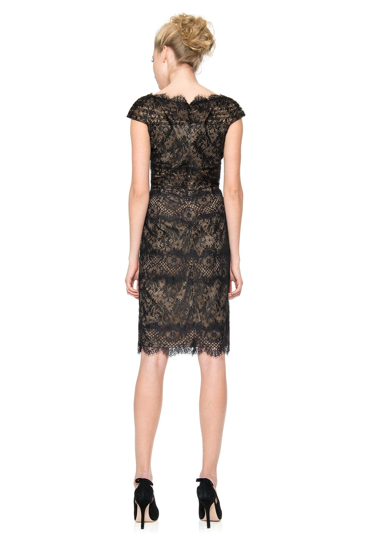 Chantilly Lace Scallop V-Neck Dress in Black / Nude