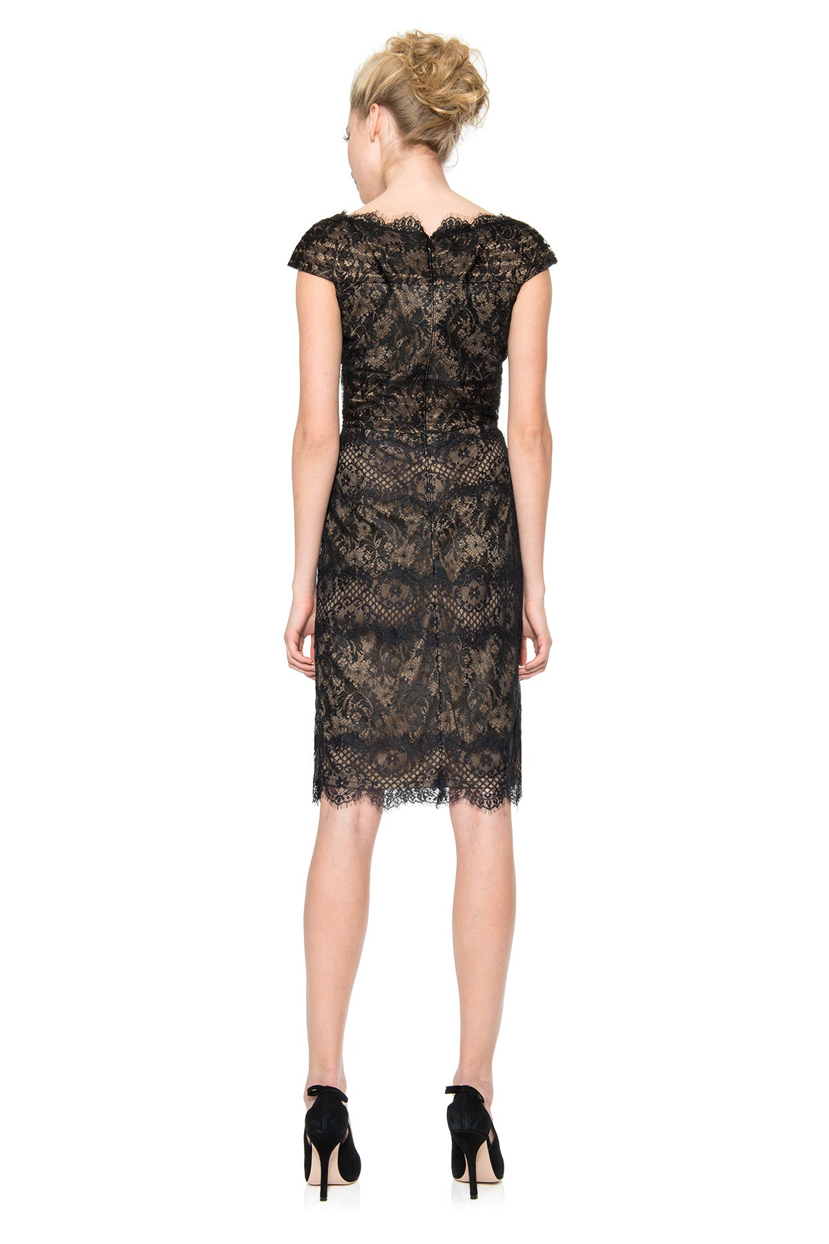 Chantilly Lace Scallop V-Neck Dress in Black / Nude