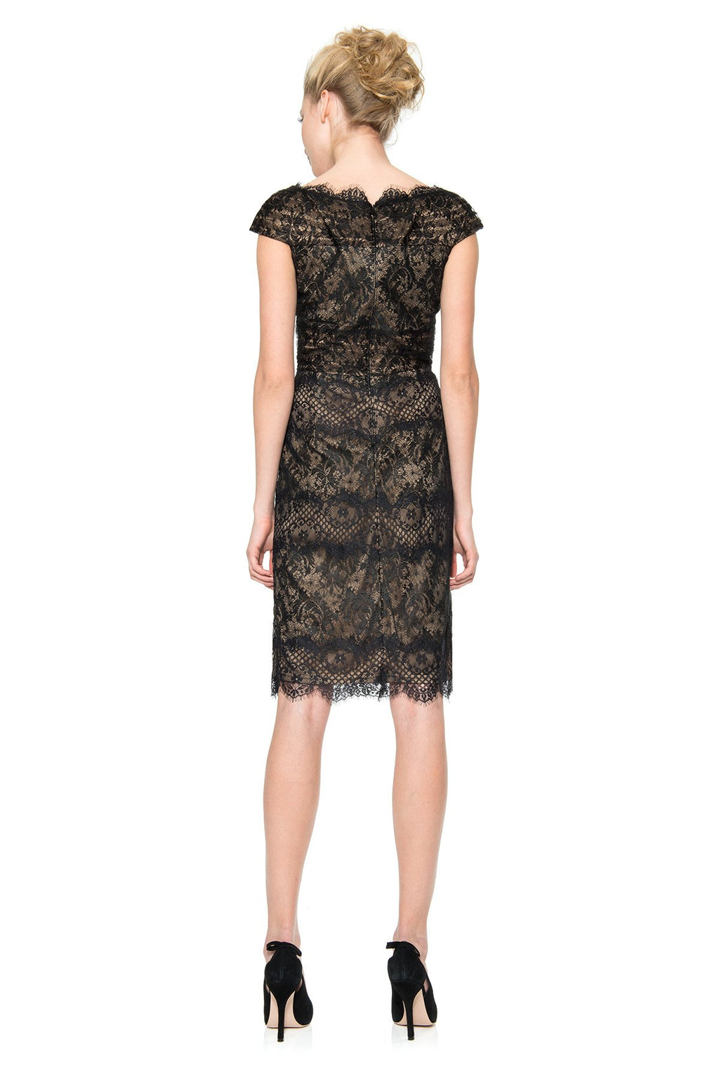 Chantilly Lace Scallop V-Neck Dress in Black / Nude