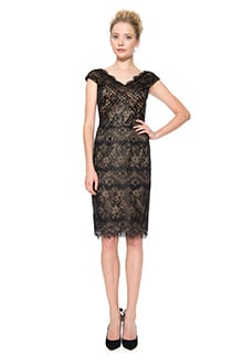 Chantilly Lace Scallop V-Neck Dress in Black / Nude