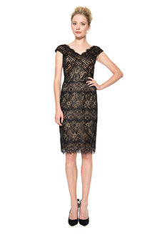 Chantilly Lace Scallop V-Neck Dress in Black / Nude
