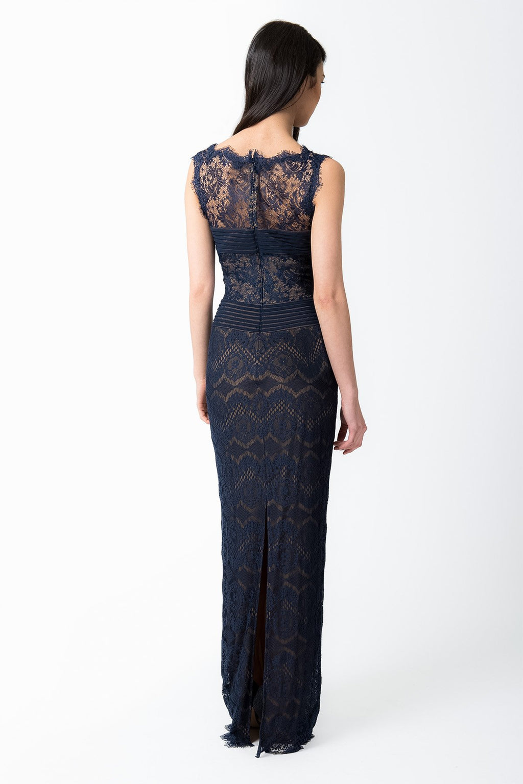 Chantilly Lace Boatneck Gown in Navy / Nude