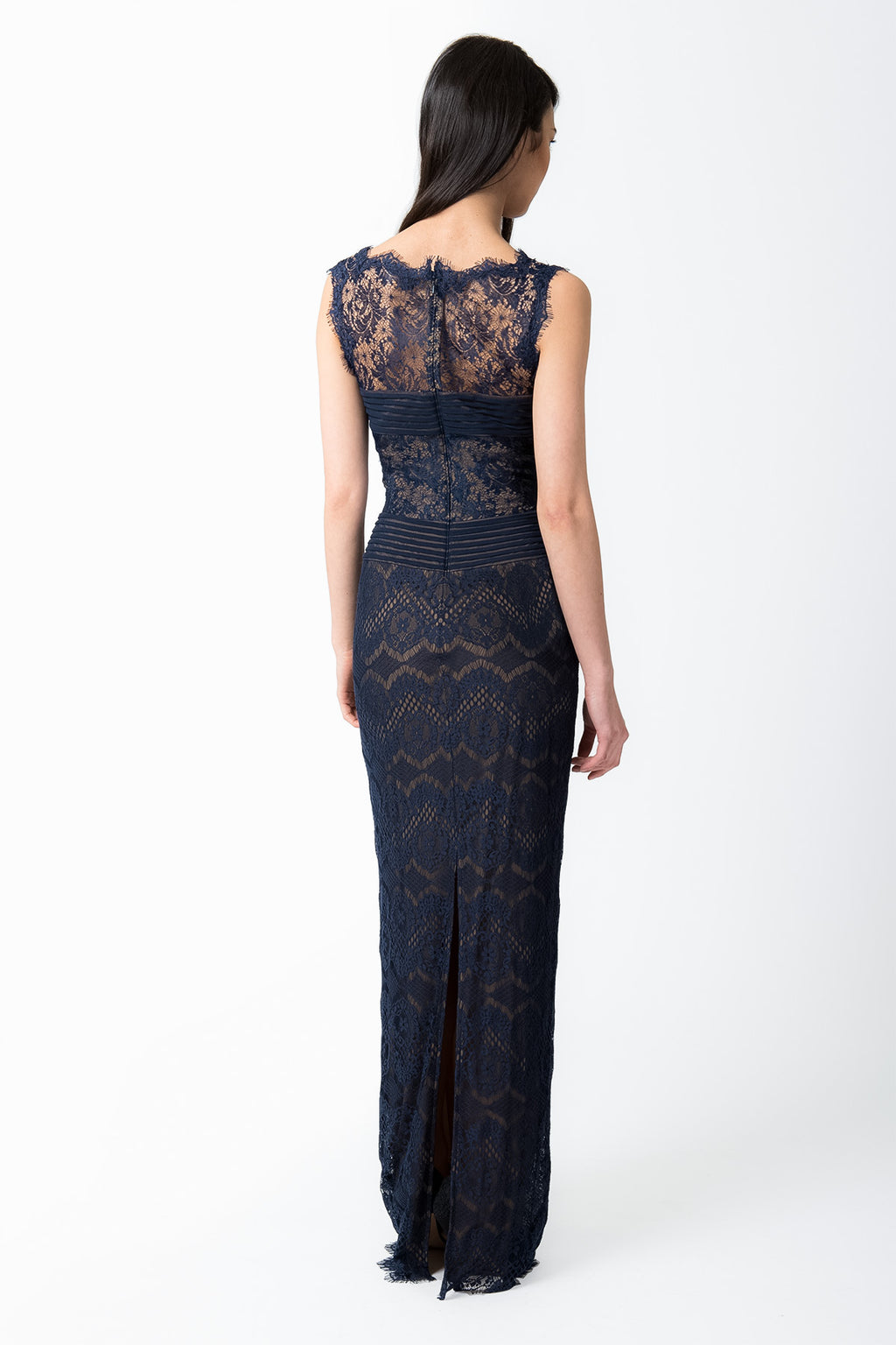 Chantilly Lace Boatneck Gown in Navy / Nude