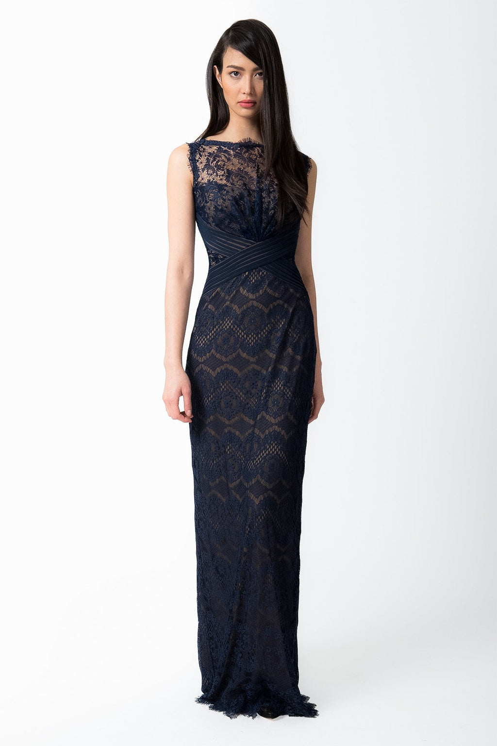 Chantilly Lace Boatneck Gown in Navy / Nude