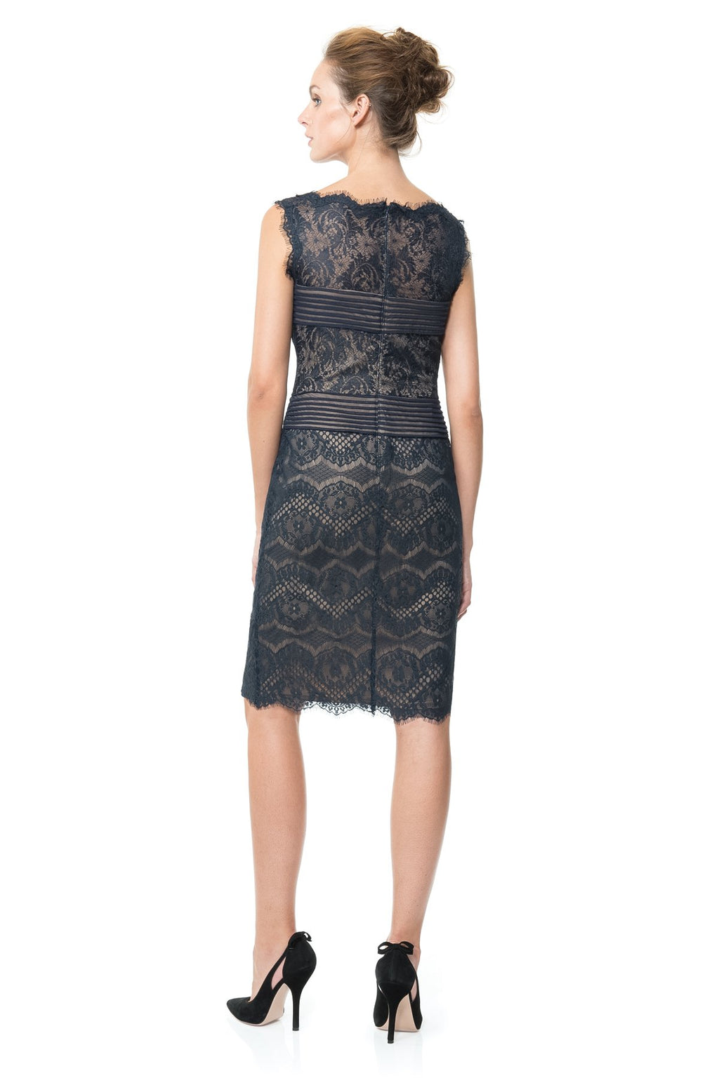 Chantilly Lace Boatneck Sheath Dress in Navy / Nude