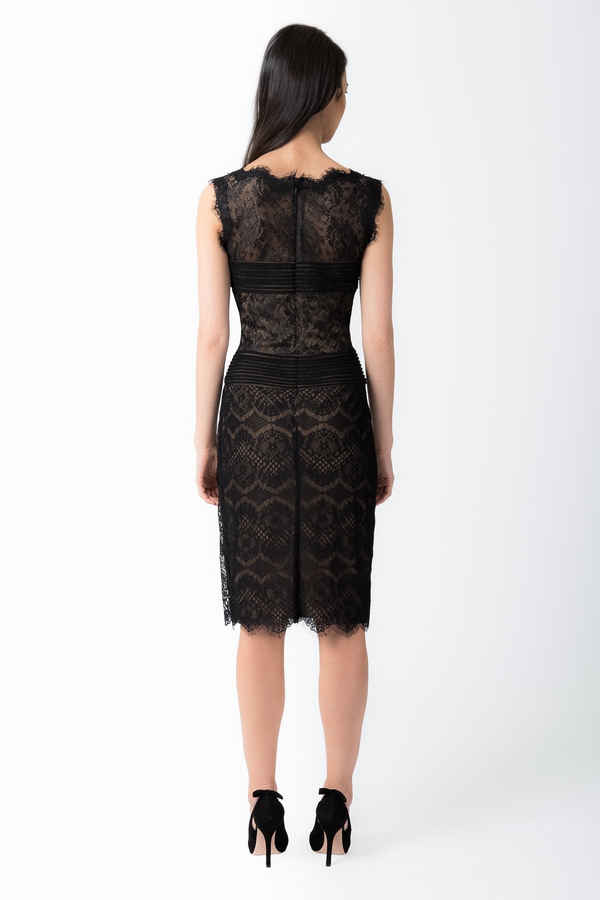 Chantilly Lace Boatneck Sheath Dress in Black / Nude