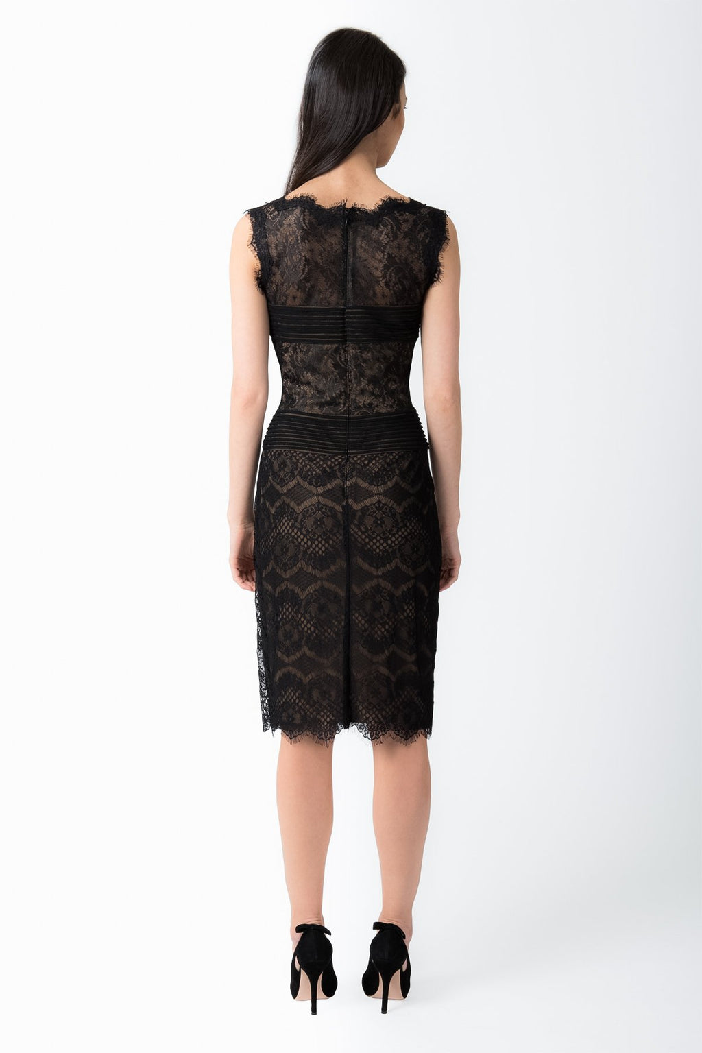 Chantilly Lace Boatneck Sheath Dress in Black / Nude