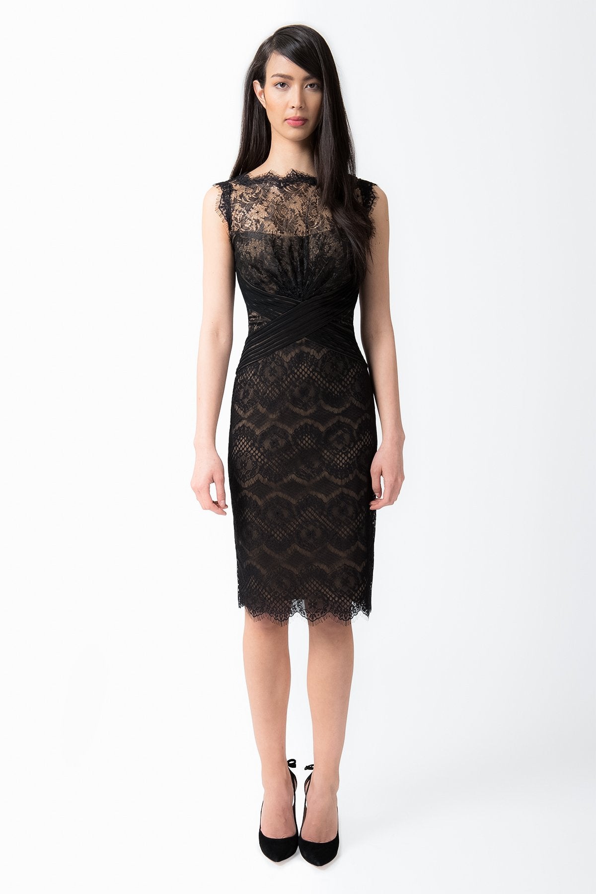 Chantilly Lace Boatneck Sheath Dress in Black / Nude