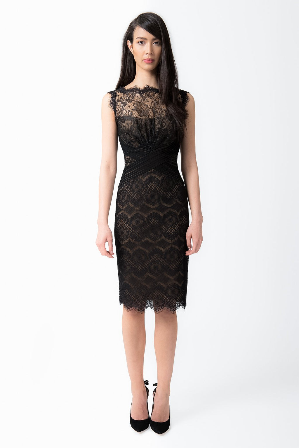 Chantilly Lace Boatneck Sheath Dress in Black / Nude