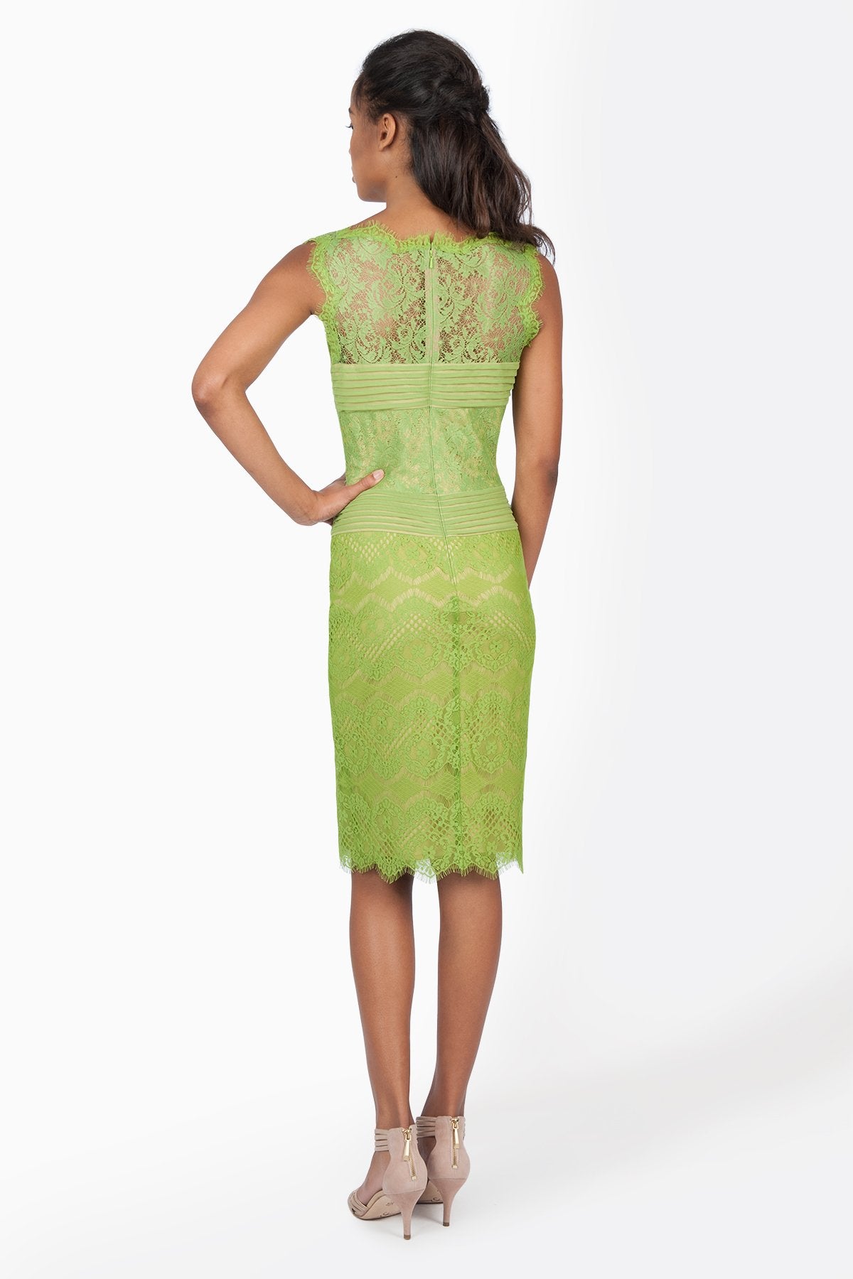 Chantilly Lace Boatneck Sheath Dress in Waterleaf / Nude