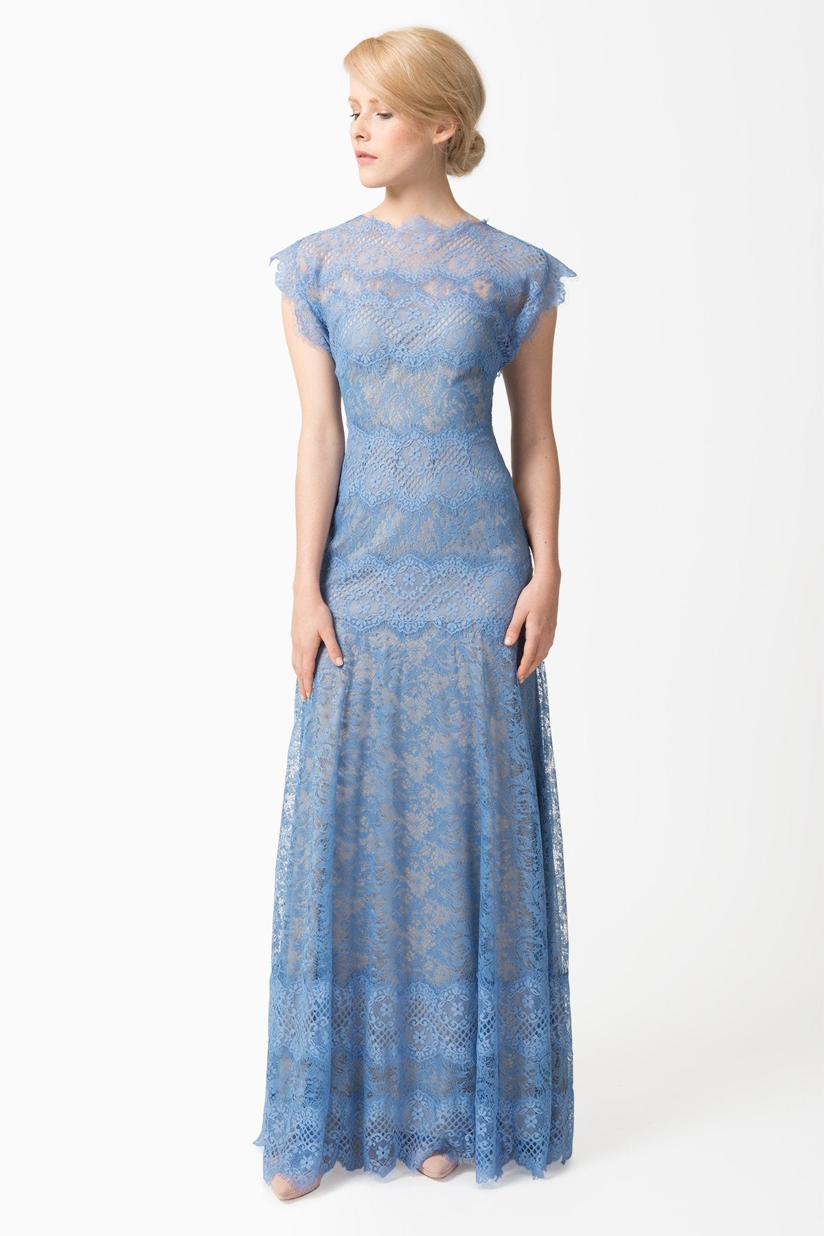 Chantilly Lace Drop Sleeve Gown in Blue Stone
