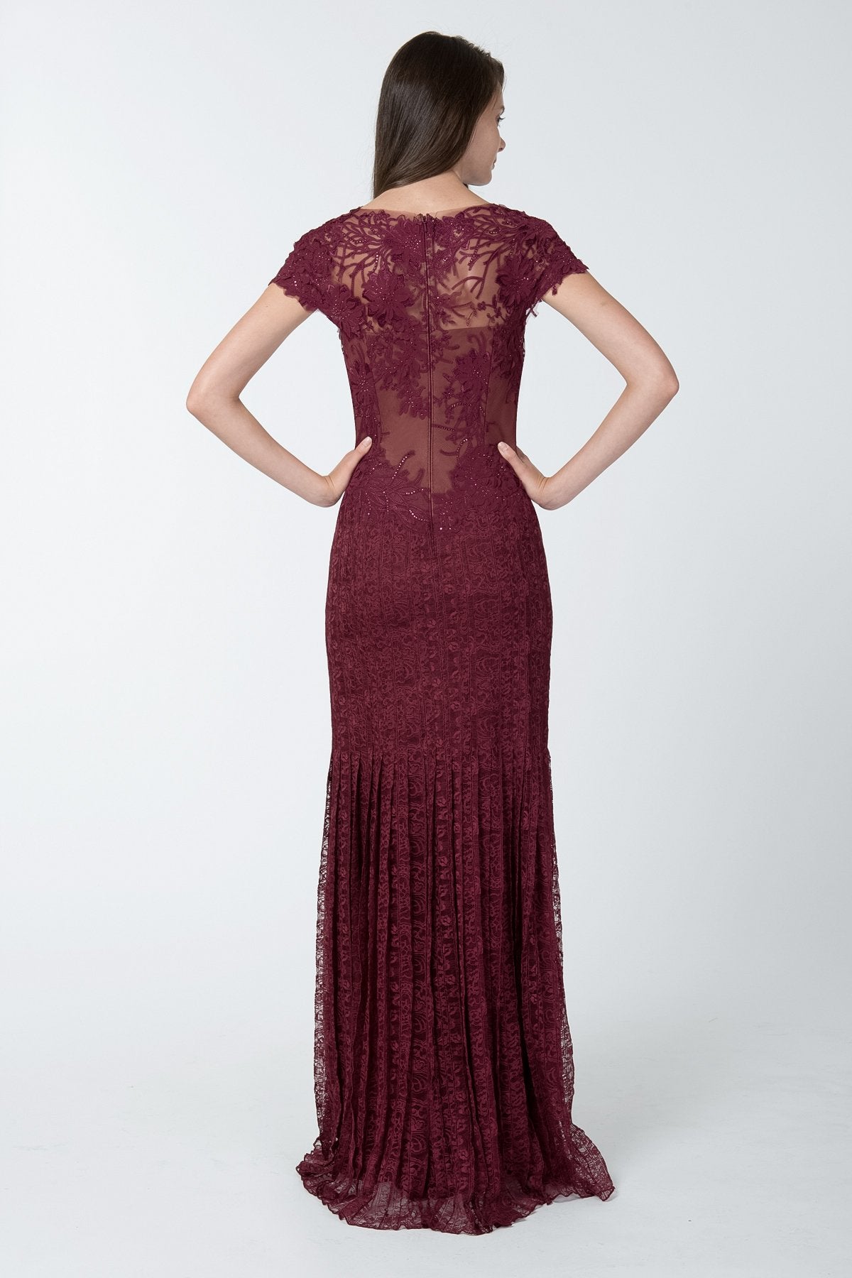 Lace and Embellished Floral Applique Cap Sleeve Gown in Merlot