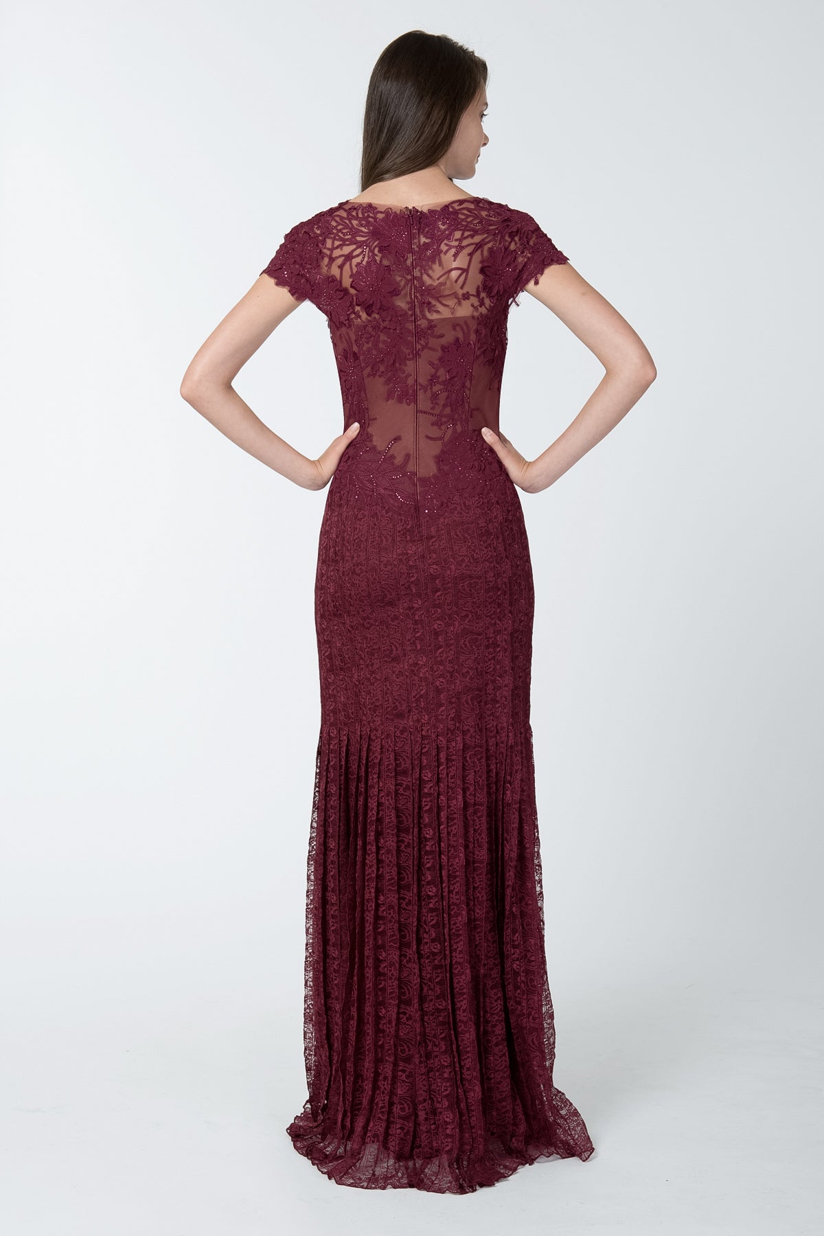 Lace and Embellished Floral Applique Cap Sleeve Gown in Merlot