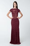 Lace and Embellished Floral Applique Cap Sleeve Gown in Merlot