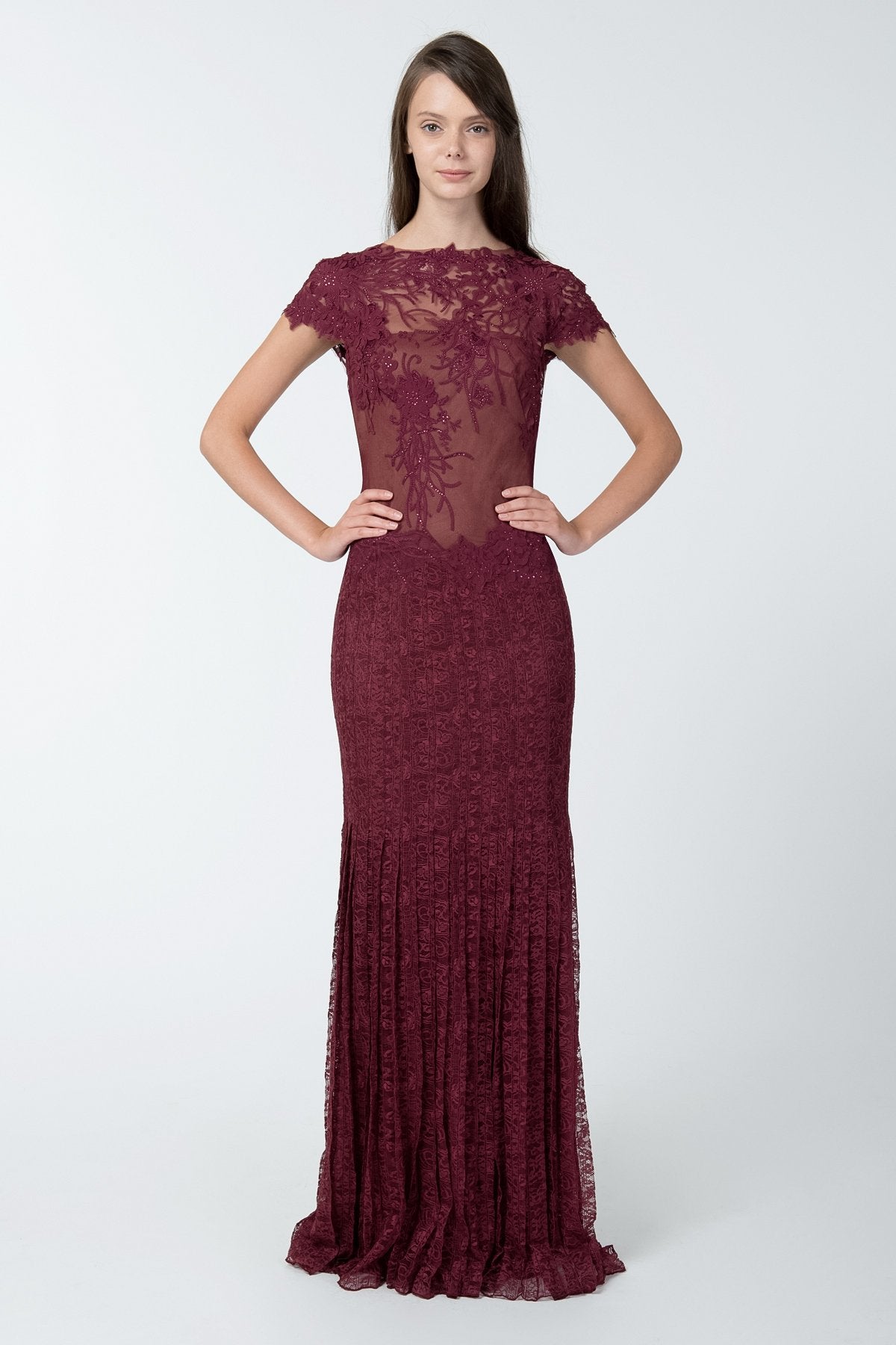 Lace and Embellished Floral Applique Cap Sleeve Gown in Merlot