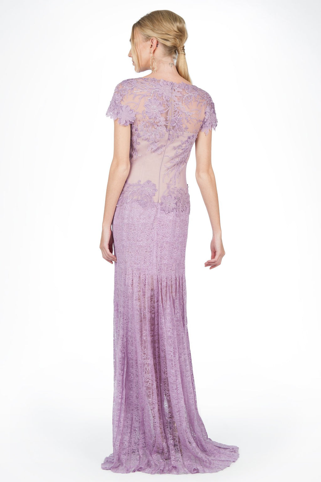 Lace and Embellished Floral Applique Cap Sleeve Gown in Pale Iris