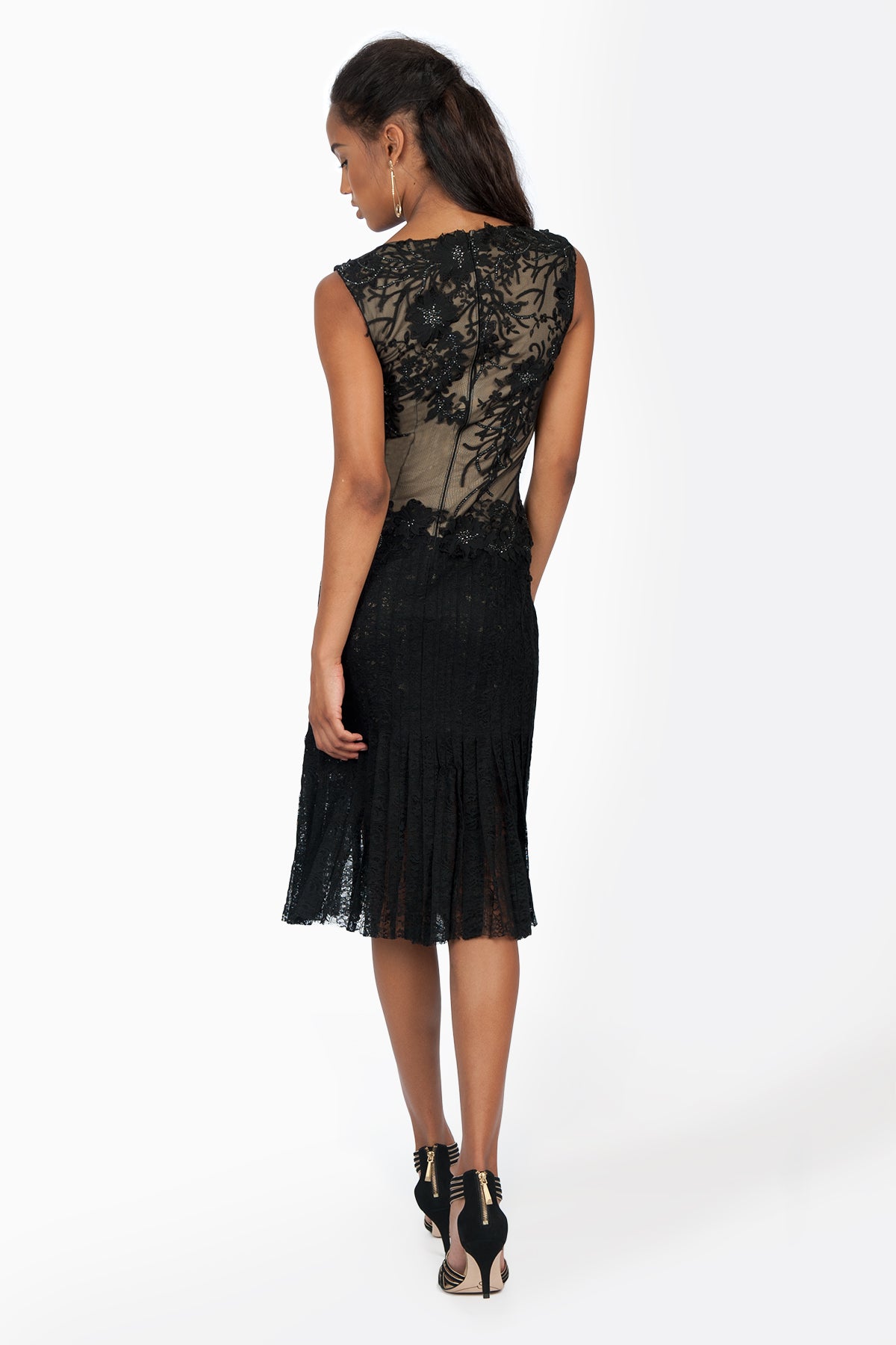 Lace and Embellished Floral Applique Boatneck Dress in Black / Nude