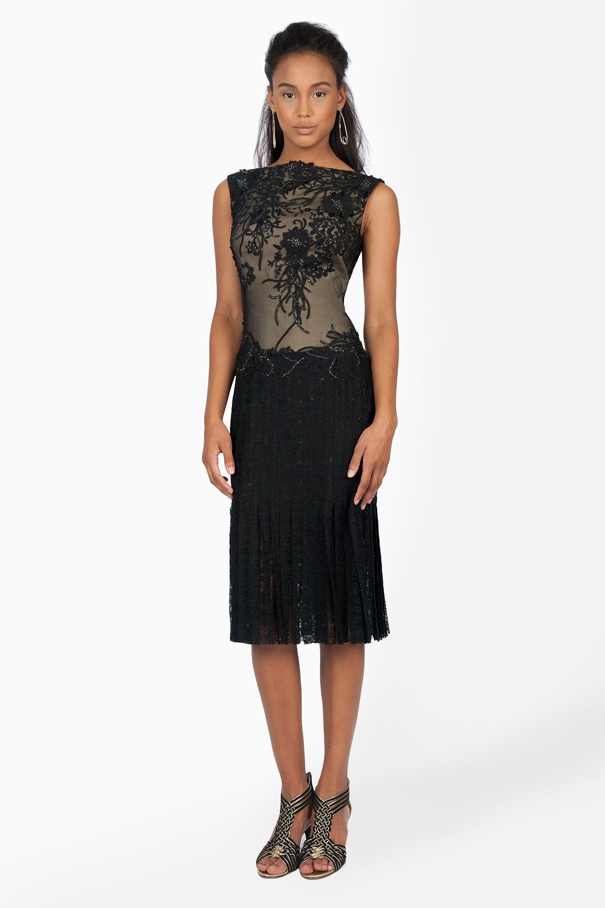 Lace and Embellished Floral Applique Boatneck Dress in Black / Nude
