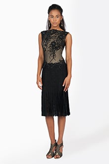 Lace and Embellished Floral Applique Boatneck Dress in Black / Nude
