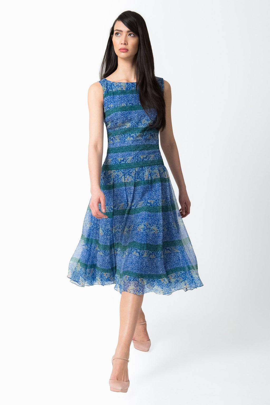 Mixed Print Chiffon Dress in Blue Lagoon
