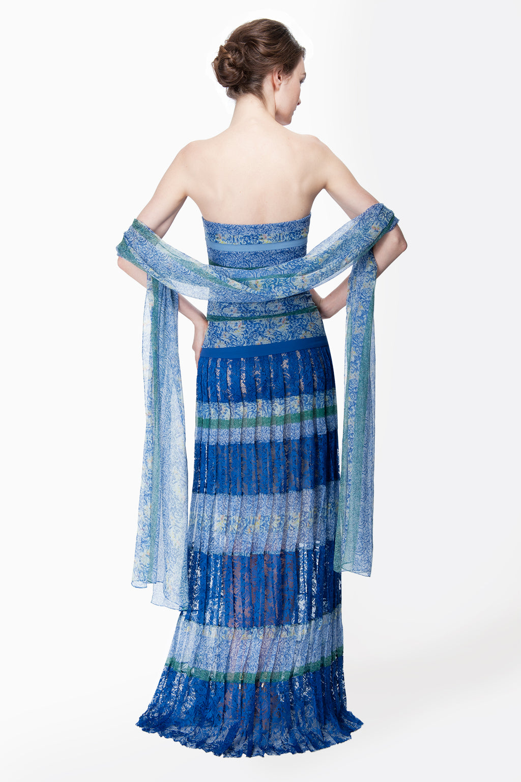 Mixed Print Chiffon Gown in Blue Lagoon