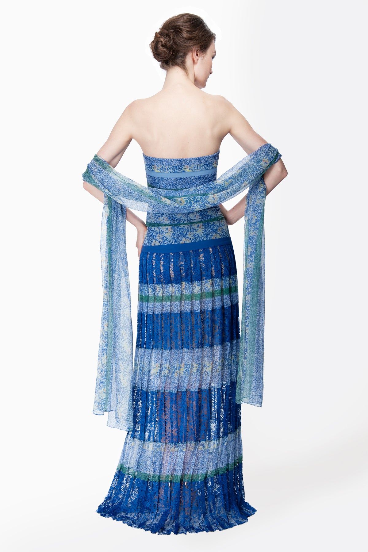 Mixed Print Chiffon Gown in Blue Lagoon