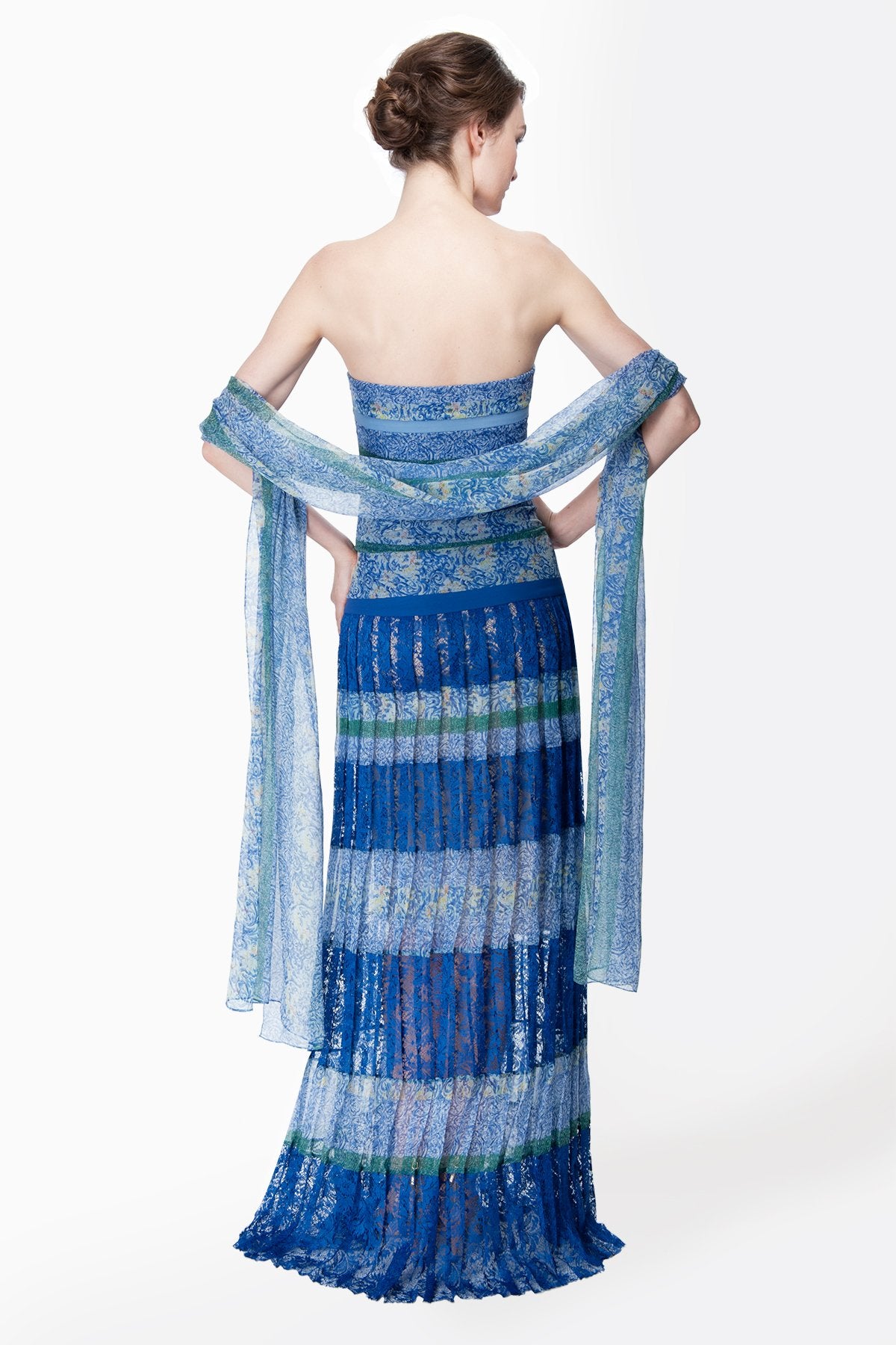 Mixed Print Chiffon Gown in Blue Lagoon