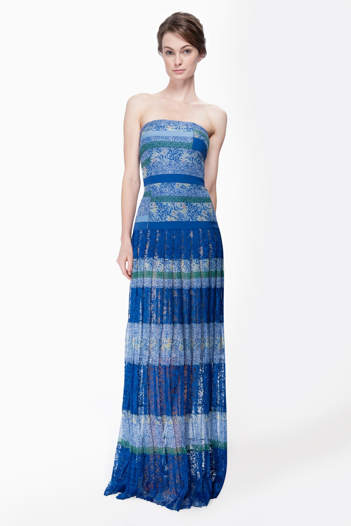 Mixed Print Chiffon Gown in Blue Lagoon