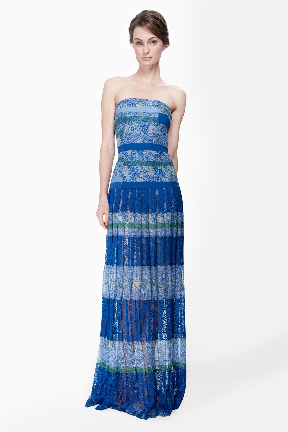 Mixed Print Chiffon Gown in Blue Lagoon
