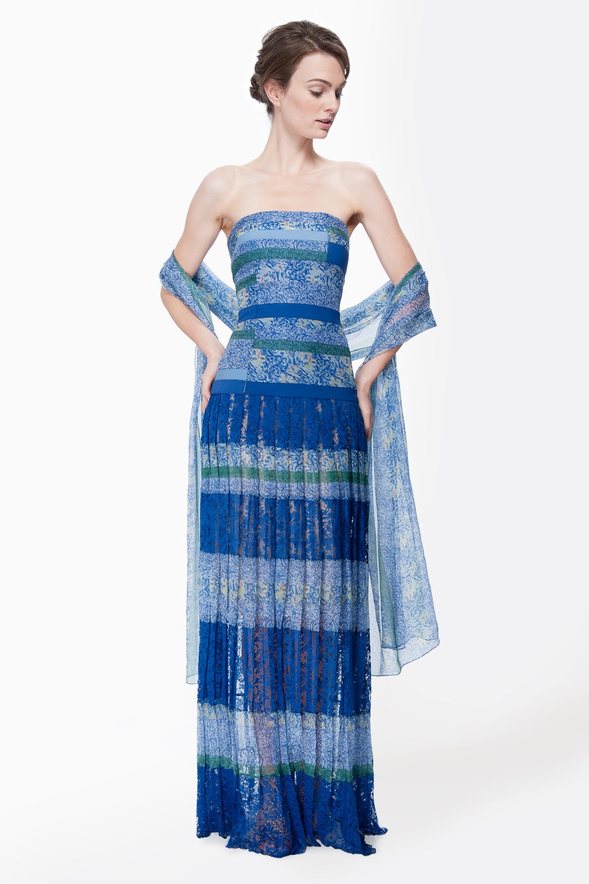 Mixed Print Chiffon Gown in Blue Lagoon