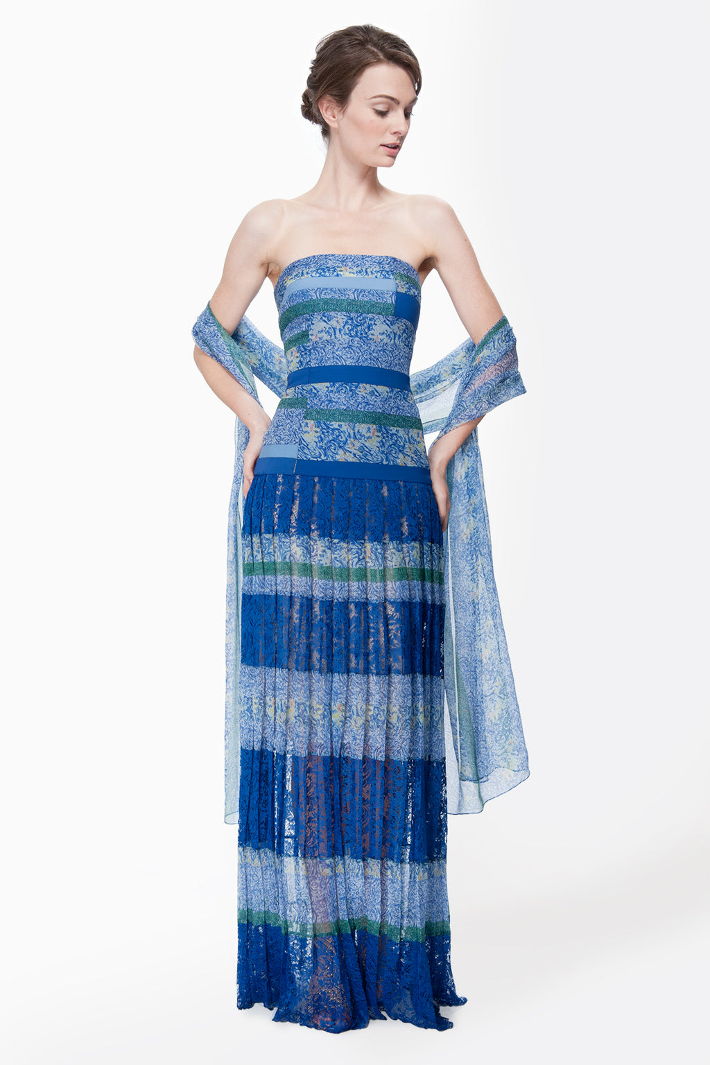 Mixed Print Chiffon Gown in Blue Lagoon