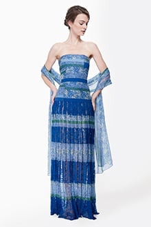 Mixed Print Chiffon Gown in Blue Lagoon