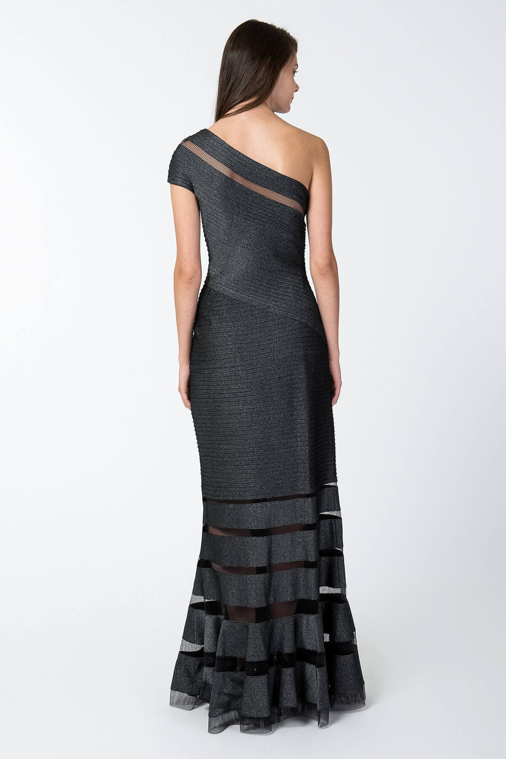 Metallic Pintuck Jersey One Shoulder Gown in Shadow