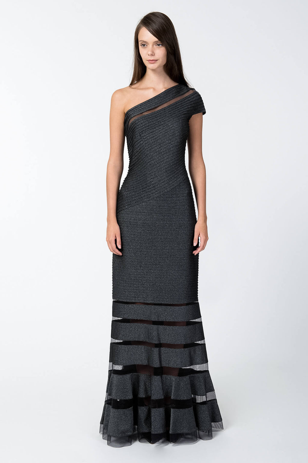 Metallic Pintuck Jersey One Shoulder Gown in Shadow