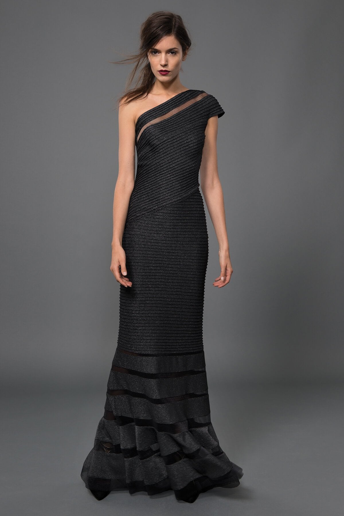 Metallic Pintuck Jersey One Shoulder Gown in Shadow