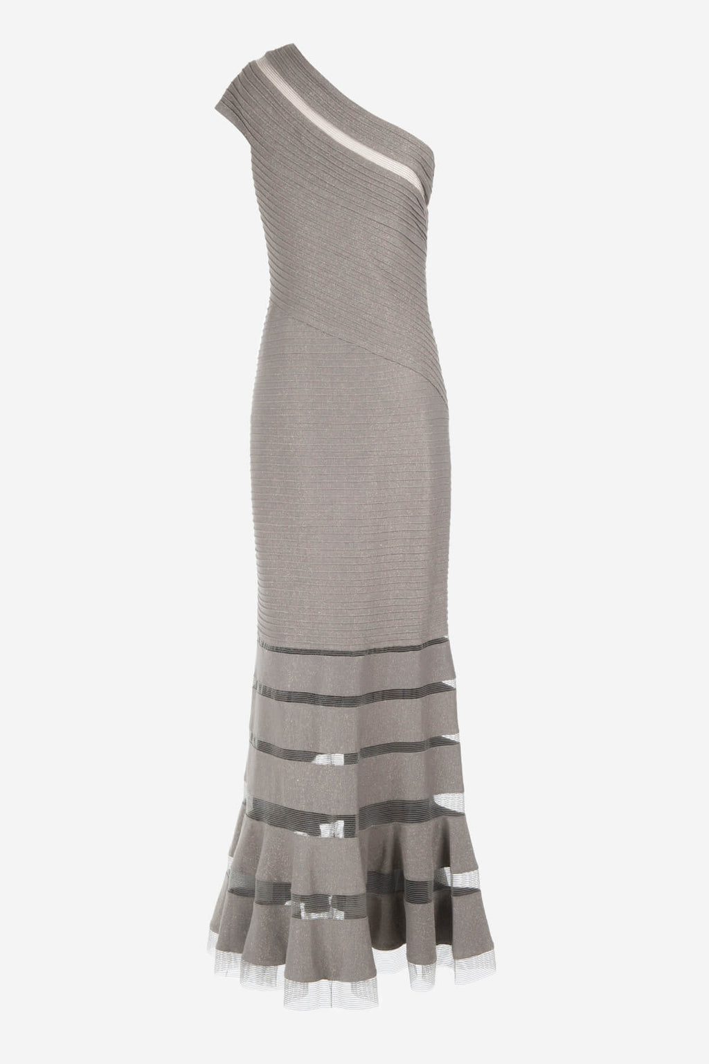 Metallic Pintuck Jersey One Shoulder Gown in Smoke Pearl
