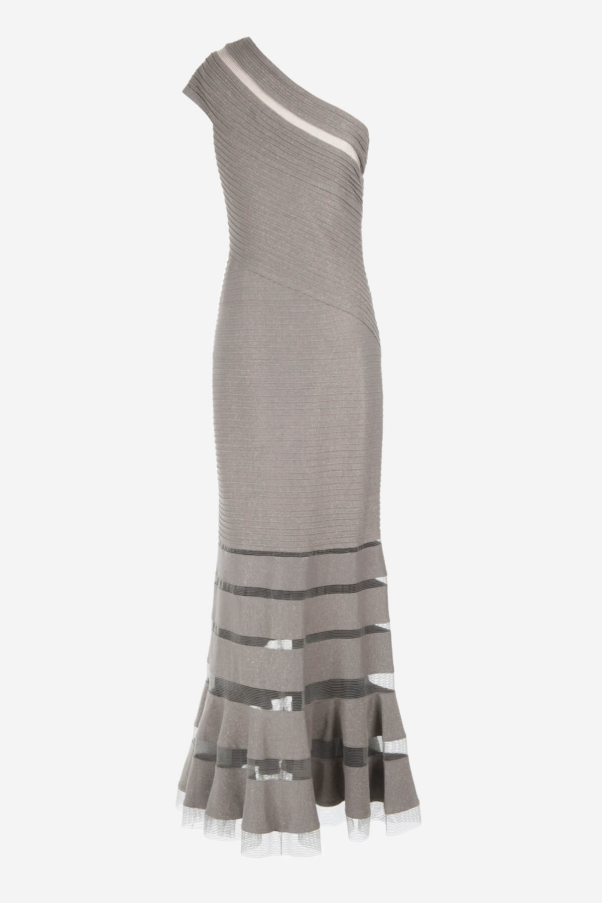 Metallic Pintuck Jersey One Shoulder Gown in Smoke Pearl