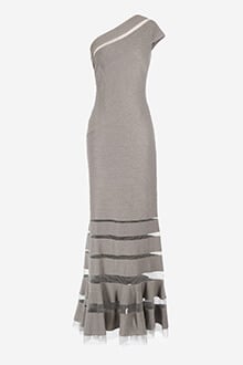 Metallic Pintuck Jersey One Shoulder Gown in Smoke Pearl