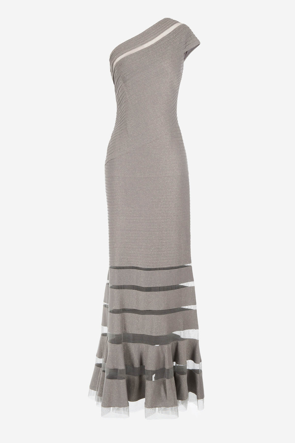 Metallic Pintuck Jersey One Shoulder Gown in Smoke Pearl