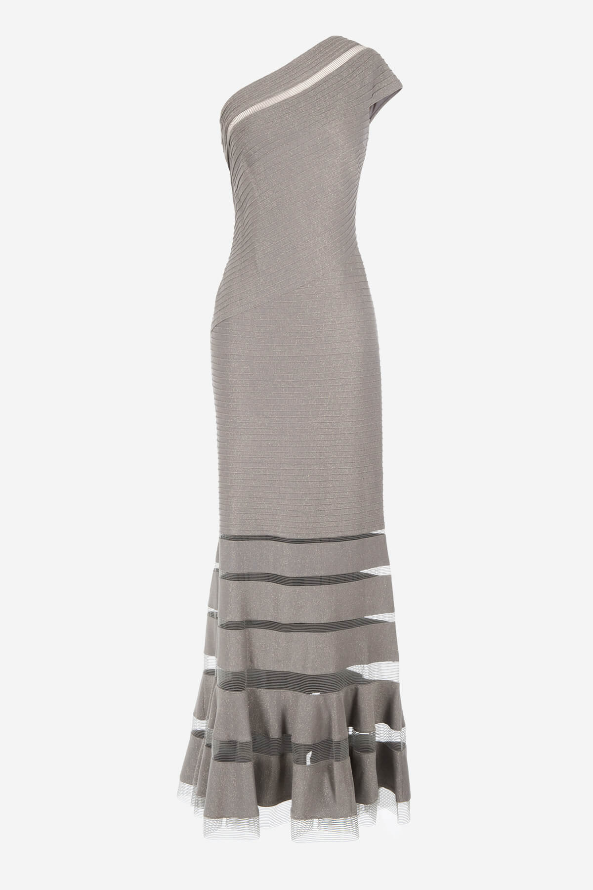 Metallic Pintuck Jersey One Shoulder Gown in Smoke Pearl